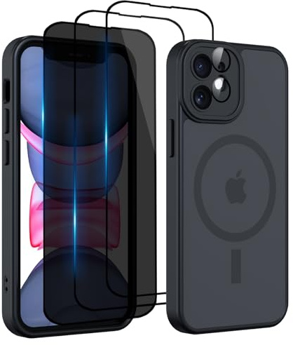 Nupcknn für iPhone 11 Hülle,3 Panzerglas[HD+HD+Anti-Spy] Magnetisch mit Magsafe Handyhülle für iPhone 11 Case Durchscheinende Matt Rückseite Dünn Stoßfest Schutzhülle Schwarz
