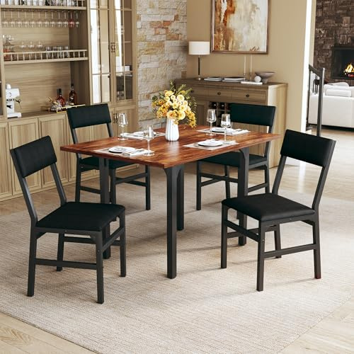 HUAHUU Dining Table Set for 4, Extendable Kitchen Table Cushion Chairs Set of 4, Rectangle Dining Table with Metal Frame & MDF Board, Folding for Small Apartment Saving Space, Rustic Brown