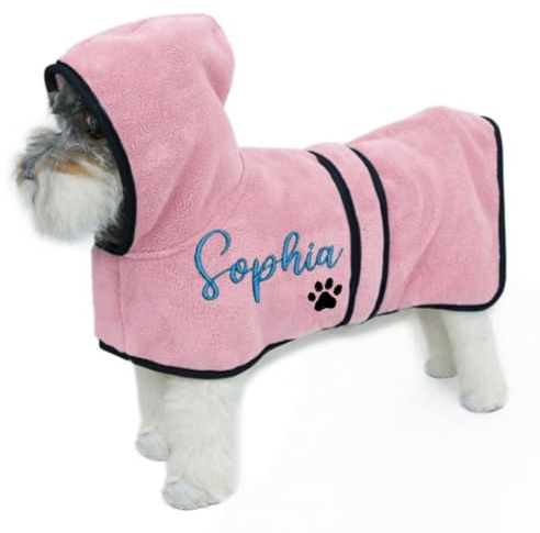 Personalisierter Hundebademantel, Mikrofaserhandtuch Mit Individuellem Namen Und Pfotenabdruck, Ultraweicher Hundebademantel Mit Verstellbarem, Schnell Trocknendem Haustiermantel(Pink,S)