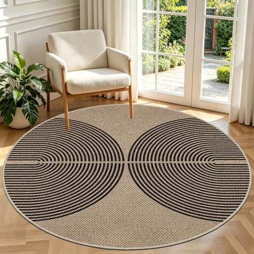 Capslpad matta rund 160 cm, jute-utseende utomhusmatta, tvättbar, halkfri, naturliga mattor för vardagsrum, balkong, terrass, kök, trädgård, färg: svart