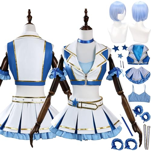 FRYWORK Anime Re Life In A Different World From Zero Rem Cosplay Costume Tenue Cheerleading Uniforme Ensemble Complet Halloween Carnaval Fête Habiller avec Perruque pour Femmes (XL)