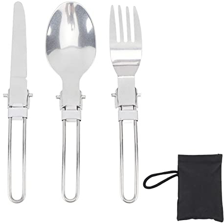 Juego de vajilla de viaje plegable, portátil de acero inoxidable para camping, picnic, juego de cubiertos reutilizables con bolsa de almacenamiento, cuchillo plegable, tenedor,