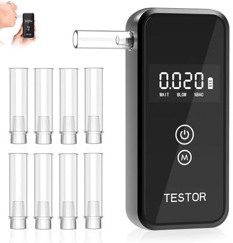 Alcoholimetro, Alcoholimetro Homologado Digital con Pantalla LCD Azul, Detector Profesional del Nivel de Alcohol con Gran precisión para uso personal y profesional, 8 boquillas Reutilizables【Negro】