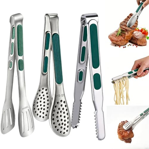 Kökstång, 3 stycken 9 tum rostfritt stål tänger kök, pastatång koktång spaghettitång, grilltång med värmebeständigt silikonhandtag för servering av mat, matlagning, spagettinudlar (grön 1)