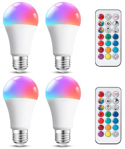 Aigostar Bombillas Colores RGBW, 8W con Mando a Distancia. Bombillas LED E27 4 modos, 5 niveles de brillo, 15 colores ajustables para Hogar, Decoración, Bar, Fiesta. 4Uds