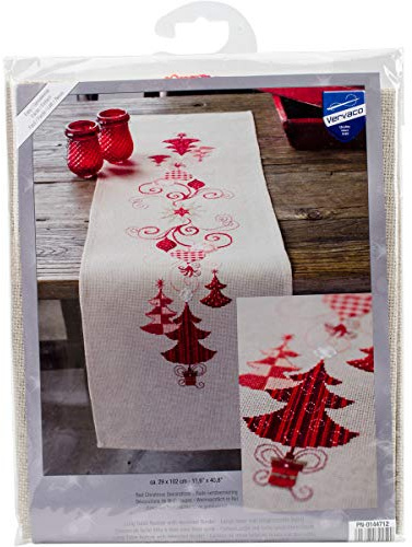 VERVACO Stickpackung Tischläufer Zählmusterpackung Kreuzstich Weihnachtlich in Rot Stickläufer zum Selbersticken Stickset Weihnachten Kreativ Set für Erwachsene 29 x 102 cm Kreatives Geschenk