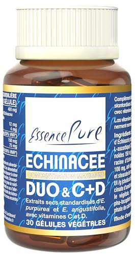 Echinacea Duo & C+D Essence Pure | Renforce les Défenses Immunitaires | Synergie de 2 Espèces d'Echinacea avec Vitamine C et D | Extraits Concentrés et Normalisés | Pour Végétaliens, 30 Capsules
