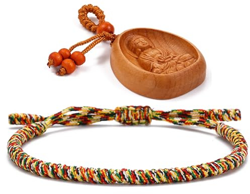 LUCKY BUDDHIST Pulsera Budista Tibetana Ajustable – Pulsera de Cuerda Trenzada para Hombre y Mujer – Incluye Llavero Buda de Madera