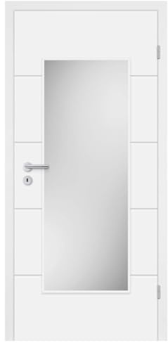 HORI Zimmertür Komplettset mit Zarge und Türdrücker I Innentür weiß lackiert mit 4 Querstreifen und Verglasung - DIN rechts - 1985 x 860 x 140 mm