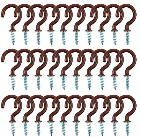 sourcing map 30pcs Cup Ceiling Hooks 1 Inch Vinyl Coated Metal Screw in Hanger Hooks for Home Office Plants Outdoor Lights Holder Brown