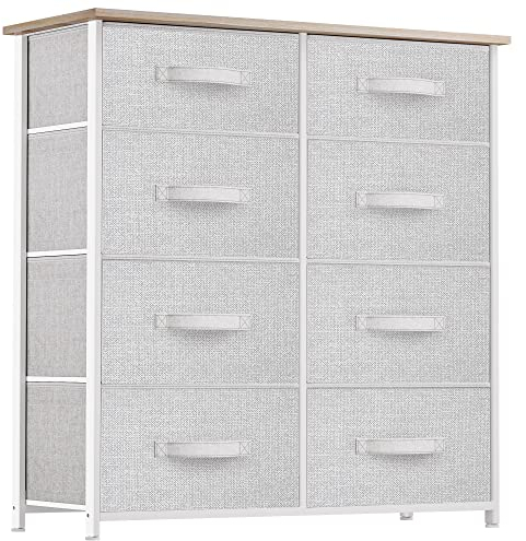 YITAHOME Kommode mit 8 Schubladen, Schrank mit Schubladen aus Stoff, Aufbewahrungskommode Industrial Stil für Schlafzimmer, Wohnzimmer, Kinderzimmer, Aufbewahrungsschrank (Hellgrau)