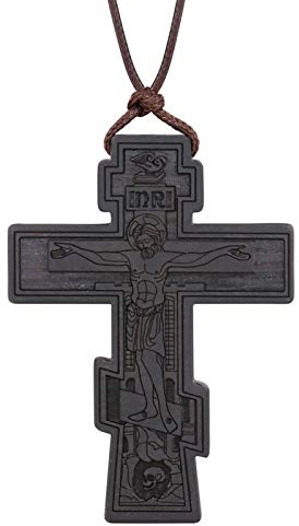 COTTVOTT Halskette mit orthodoxem Kreuz-Anhänger aus Holz, christliches Kruzifix, Gebet Jesus für Damen und Herren, 41mm x 56mm, Holz, nicht bekannt