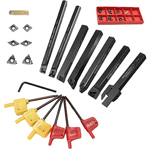 Boseago Lathe Tool Set Shank 7pcs Lathe Turning Tools Boring Bar Holder Lathe Boring Bar Turning Tool Holder Cutting Set 10mm Shank for Metal with 7 Pcs Carbide Inserts