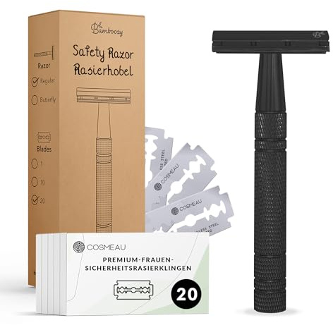 Bamboozy Maquinilla de afeitar de seguridad con 20 cuchillas premium - Maquinilla de afeitar de aluminio para mujer para afeitado en húmedo - Durable, Zero Waste & Double Edge (Negro)