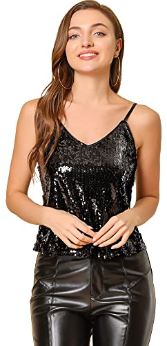 Allegra K Damen Pailletten Oberteil Glitzer Top Spaghetti Party Club Camisole Metallic Festival Shirt Top