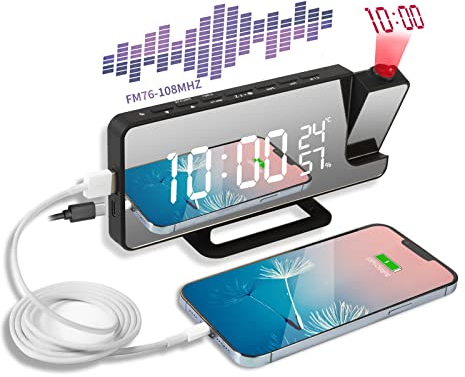 Sveglia con Proiettore Sveglia da Comodino Orologio Digitale con Temperatura Umidità e Uscita USB Ricarica con Rotazione di 180 °Luminosità Regolabile da 7,5 Pollici Schermo LED Funzione Radio FM