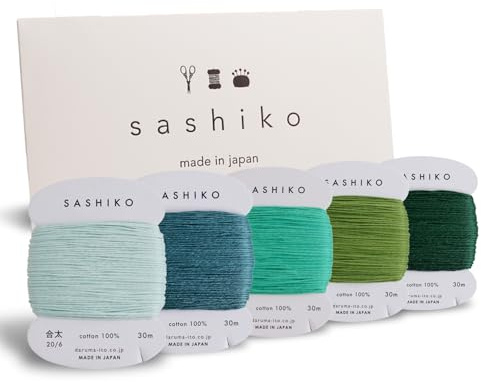 DARUMA Sashiko Hilo 100% algodón tipo tarjeta (32,8 yardas) x 5 colores con instrucciones en inglés (idioma español no garantizado), kit de costura y bordado (grueso komorebi)