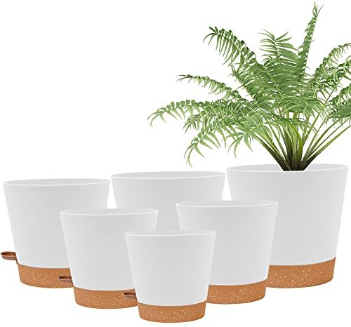 wintfarm Indoor Plant Pot, 6 Pack Self Watering Pots, 8/7/6.5/6/5.5/5 Inch Plastic Plant Pots Indoor, Modern Self-Watering Planters For Plants, Flower Pots With Drainage Holes And Trays(White)