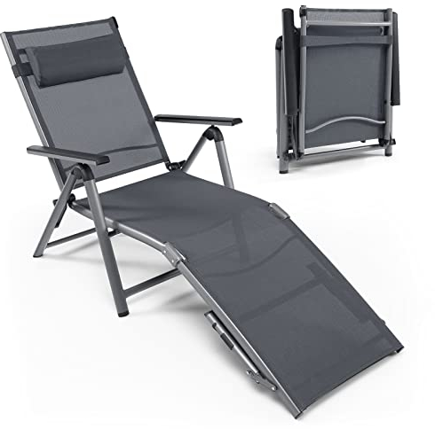 COSTWAY Klappbarer Sonnenliege, Aluminium Gartenliege mit 8-stufig Rückenlehne verstellbar, Kopfkissen und Verstellbarer Fußteil, Outdoor Liegestuhl Klappliege mit schnell trocknendem Stoff
