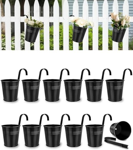 10 CM Small Metal Hanging Flower Pot Indoor - 12 Pcs Round Metal Iron Buckets with Detachable Hooks and Drainage Holes Hanging Herb Planter for Railing Fence Outdoor Balcony Garden Patio Decor, Black