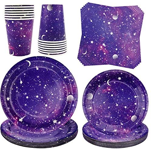 Space Galaxy Outer Party Supplies Tableware Set, Includes 20 9 Paper Plates, 20 7 Plate, 20 9 Oz Cups, 20 Lunch Napkin, for kids Solar System Astronaut Theme Birthday Decoration Serves 20