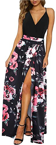 UUAISSO Robe Boho d'été pour Femme Bretelles Spaghetti Col en V Couleur Unie Floral Plage Longue Robe Maxi Fleuri Noir M