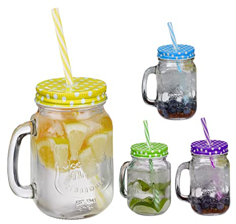 Relaxdays Trinkgläser mit Deckel und Strohhalm, 4er Set Limonadengläser, 500 ml, Retro Sommergläser mit Henkel, bunt
