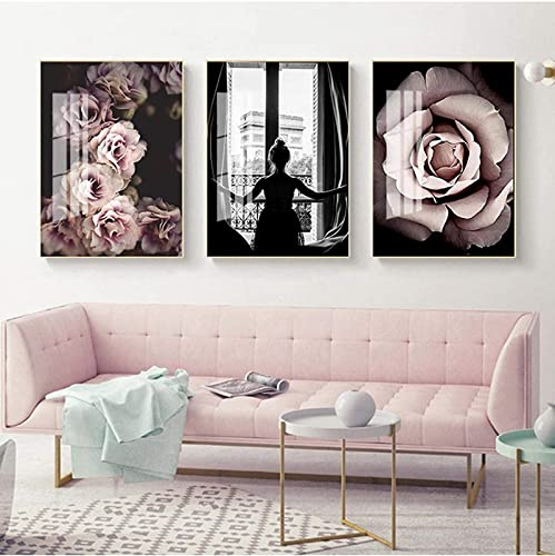 HTWLMM Mode Rosa Blumen Mädchen Leinwandbilder Poster Kunstdruck Für Schlafzimmer Wohnzimmer Wohnung Wanddekoration Bilder Gemälde Rahmenlos (3X60X90CM)