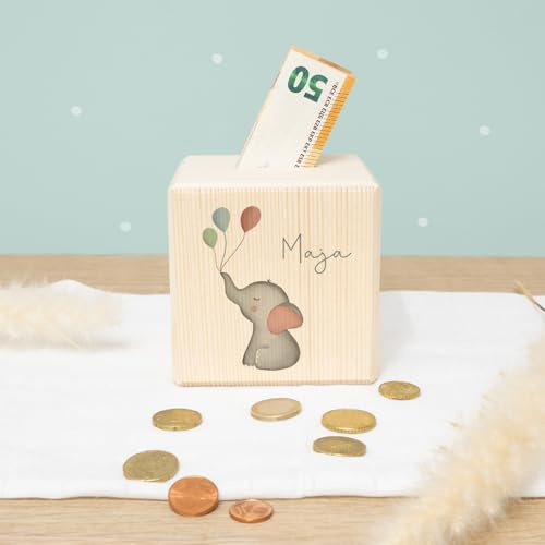 Spardose Personalisiert mit Namen aus Holz - 10x10cm Holzspardose - Geschenk zur Geburt, Geburtstag, Einschulung, Taufe - Sparschwein Aquarell Motiv für Jungen & Mädchen hellomini (Elefant)