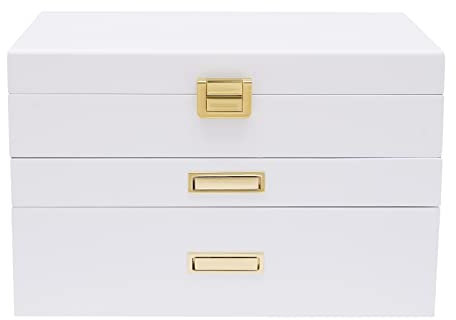 Futchoy 3 Lagen Schmuckkästchen, Schmuck Organizer Box mit Ausziehbaren Schubladen, Weiße Schmuckaufbewahrungsbox