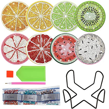 13Pcs Diamond Painting Coasters Kit Decorative Fruit Pattern Diamond Art Coasters Kits with Holder Round Small Tabletop Protection DIY Coater Craft for Table Office Decor DIY Gift
