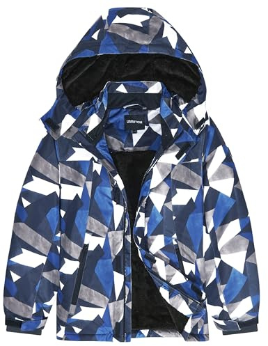 UMMTOM Boys Waterproof Ski Jacket Warm Winter Fleece Snow Coat Kids Outdoor Hooded Snowboard Jacket (White Geometry,4-5)