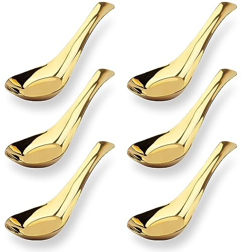 Juego de 6 cucharas de sopa asiáticas de acero inoxidable, cucharas de sopa chinas, cucharas de sopa, cucharas para comer ramen, fideos de albóndigas Pho Wonton (dorado)