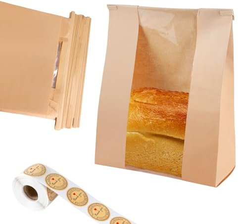 100 Pcs Sourdough Bread Bags Large Paper Kraft with Window Bread Bags for Homemade Bread Sourdough with Metal Tin Strip and 500 Pcs Seal Stickers Bakery Food Packaging Storage Cookie Bag Bread