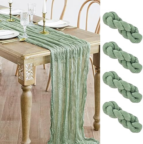 Bymivofun 4 Stück Käsetuch Tischläufer, Musselin Tischdecke Boho, 90 x 300 cm, Musselin Tischläufer, Halbtransparent, Traumbogen Hochzeit, Brautparty, Geburtstag - Grün