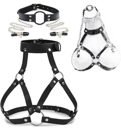 Dstymkler Interessante Cinturino in Pelle e Collo Tondo in Pelle Set con Clip a Bocca Aperta, Nero