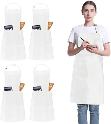 4 Packs Kochschürzen, Unisex verstellbare Schürzen mit 2 Taschen, personalisierte Schürzen für Männer Frauen, professionelle Schürze für Kochen, Gartenarbeit, Küche, Restaurant, Kaffeehaus (Weiß)