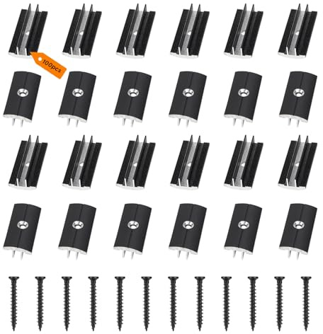 SUPAWAY 100x Clips für Holzböden aus Kunststoff für Terrassendielen 6 mm | Aluminiumlegierung T-Clips, Spaltabstand Versteckte Abstandhalter mit 200 Schrauben für WPC/BPC Dielen Verbunddielen, Schwarz