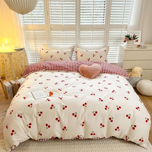 Lanqinglv Bettwäsche 200x220 Mädchen Weiß Rot Kirschemuster,Wendebettwäsche | ÖKO-TEX Zertifiziert,für Allergiker Kariert Design Bettwäsche,Bettbezug mit Reißverschluss und 2 Kissenbezug 80x80 cm