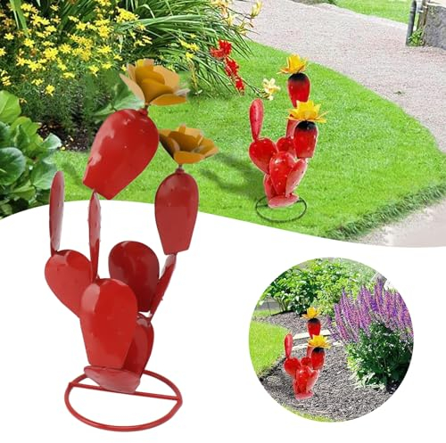 Aladeno Gartenskulptur, Statue, Metallkaktus mit Blumen, Eisen, rustikale Feigenkaktusstatue, Wüste, dekorative Skulptur für Garten, Hof, Rasen, Terrasse, Rot