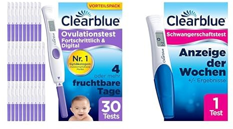 Clearblue Kinderwunsch Ovulationstest Kit Fortschrittlich & Digital, 30 Tests + 1 Halterung + 1 Schwangerschaftstest Frühtest mit Wochenbestimmung, Pregnancy Test & Fruchtbarkeitstest für Frauen