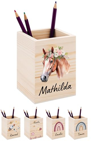 Bärenfreunde® - Personalisierter Stiftehalter Kinder aus Holz - Kreativer und praktischer Schreibtisch-Organizer Kinder mit Namen - Perfektes Einschulung Geschenk und Geburtstag (Pferd Blumenkopf)