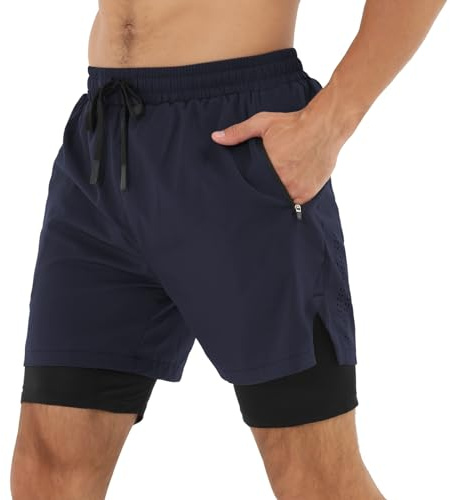 Danfiki Pantalones Cortos Hombre Deporte Pantalon Cortos 2 en 1 Secado Rápido para Running Fitness Gym