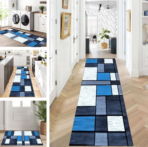 ZUZEKU Läufer Flur Küche Waschbar rutschfest 50X120cm Blau Weiß Grau Lang Küchenteppich Flurteppich Teppich Fur Korridor Wohnzimmer Schlafzimmer Meterware Anpassbar