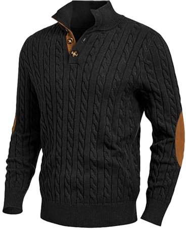 JMIERR Men's Cable Knit Slim Fit Casual Long Sleeve Essentials Soft Touch Button Stand Collar Christmas Sweaters, M, Black