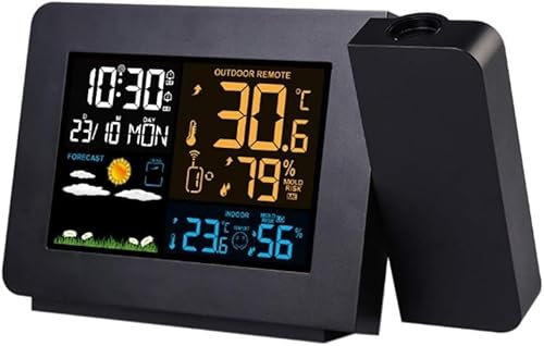 MRKU Reloj Despertador con proyección para dormitorios con estación meteorológica, termómetro higrómetro inalámbrico para Interiores y Exteriores, Relojes despertadores duales para dormitorios