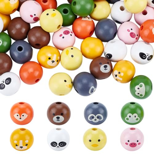 PH PandaHall 80PCS Tier gedruckt Holzperlen, 8 Styles 19mm hölzerne Bauernhof Tiere Perlen mit Hund Schwein Fuchs Bär Frosch Muster für DIY-Schmuck machen Weihnachten Dekorationen 5mm Loch