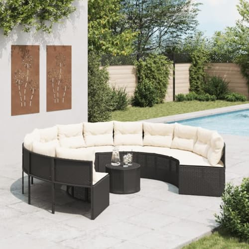 Gartenlounge Set Polyrattan, Gartensofa mit Tisch und Kissen Rund, Balkonlounge Set, Terrassensofa, Gartenmöbel Set für 12 Personen Garten Terrasse Balkon, Schwarz