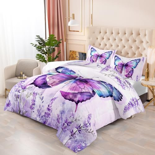 Bettdecke 140X200 Lila Schmetterling Drucken Steppdecke 200Gsm,Dünne Und Leichte Bettdecken,4 Jahreszeiten Bettdecken 140X200,Weiche Mikrofaser Bettdecke Mit 2 Kissenbezüge,Warm Steppbettdecke