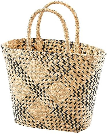 Kobolo Tasche Seegras, schwarz-beige, 45x20x30 cm, handgefertigte Henkeltasche, nachhaltige & leichte Shoppertasche für Einkauf, Strand & Alltag